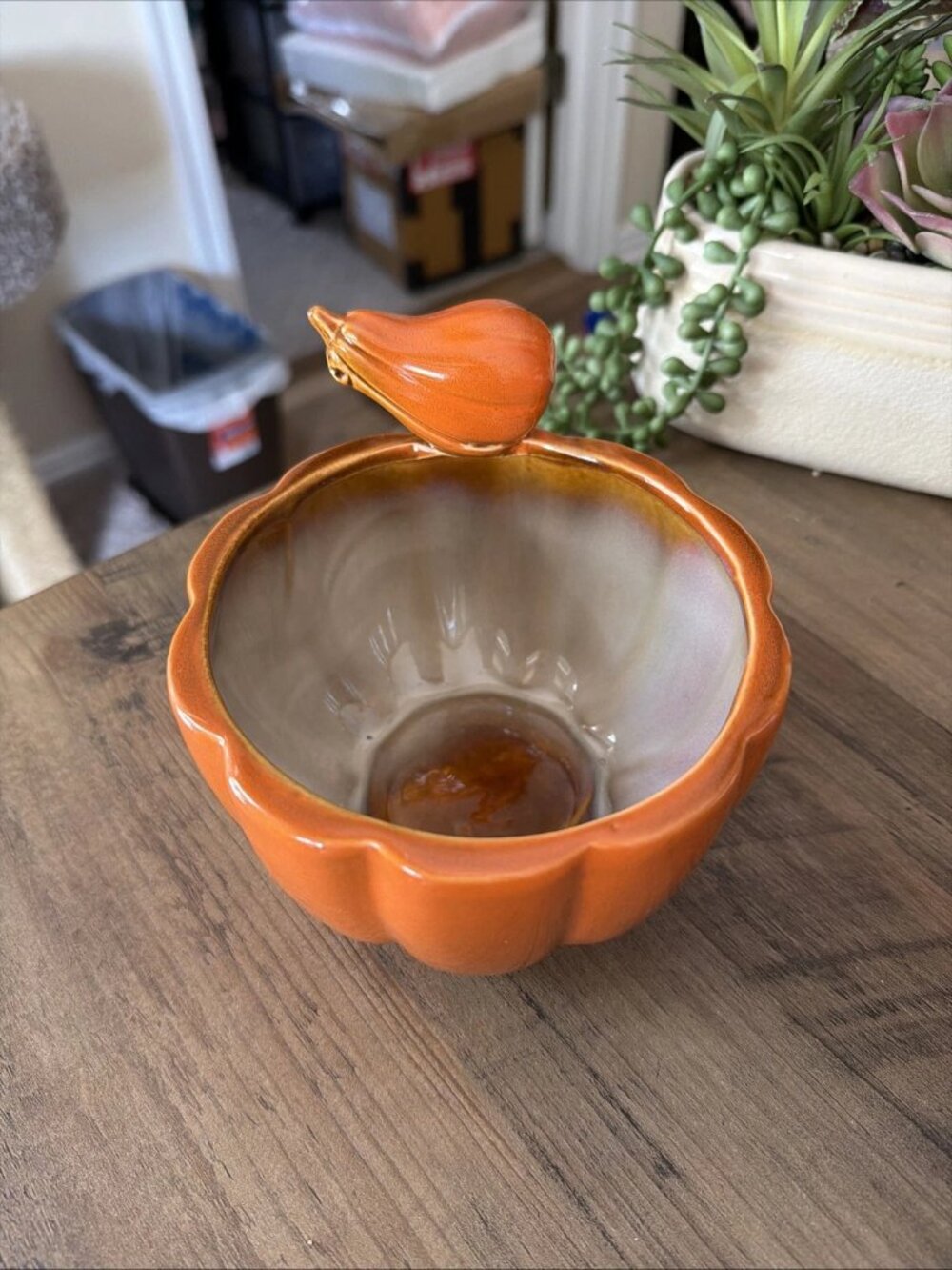 Orange Glazed Pumpkin-Shaped Bowl With Gourd Accent On Upper Rim
